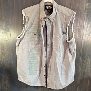 Harley Davidson Shirt Cut Off Sleeveless Button Up Vest Gray Denim  Men's XL